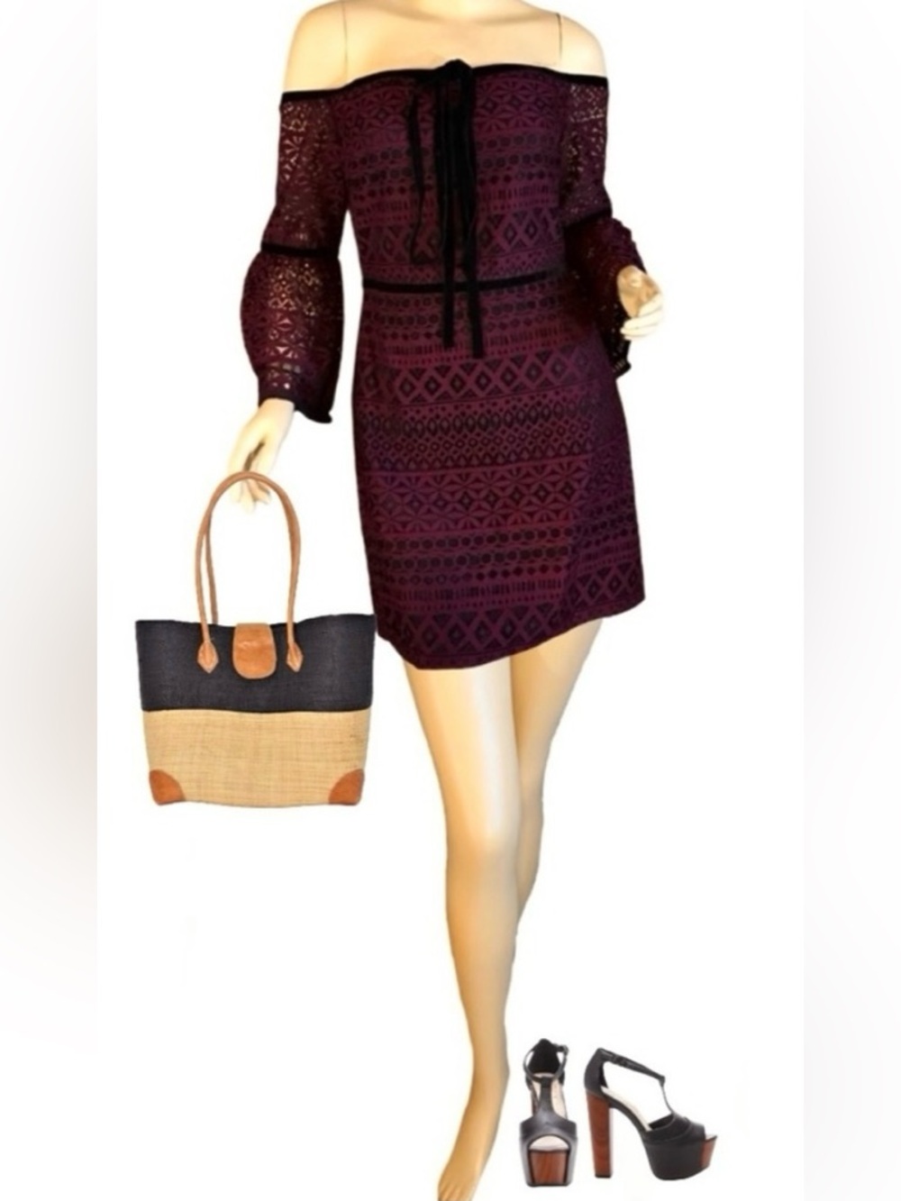 LIKELY "KAKKI" PURPLE & BLACK CROCHET LACE OFF THE SHOULDER MINI DRESS NWT (10)
